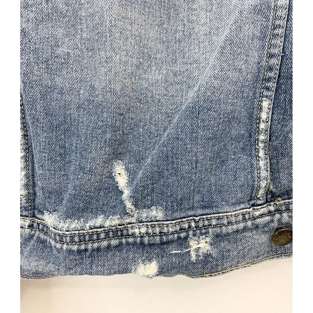 Free People Blue Denim Jacket XS X Small 17” Sweat Hoodie Sleeves Distressed